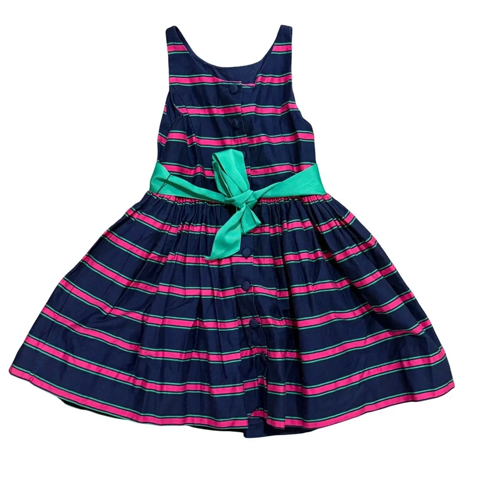 Ralph Lauren Girls Sz 8‎ Navy Pink Green Striped Bow Back Party Dress Sleeveless
